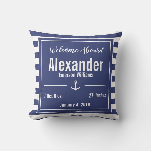 Blue and White Striped Nautical Anchor Nursery Cushion (Front)