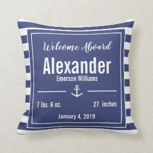 Blue and White Striped Nautical Anchor Nursery Cushion