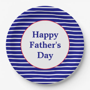 Blue and White Striped Pattern Happy Father's Day Paper Plate