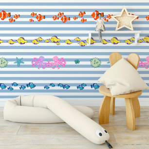 Blue and white striped print with colourful fish,  wallpaper
