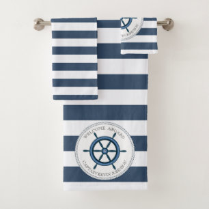 Blue and white striped with anchor personalised bath towel set