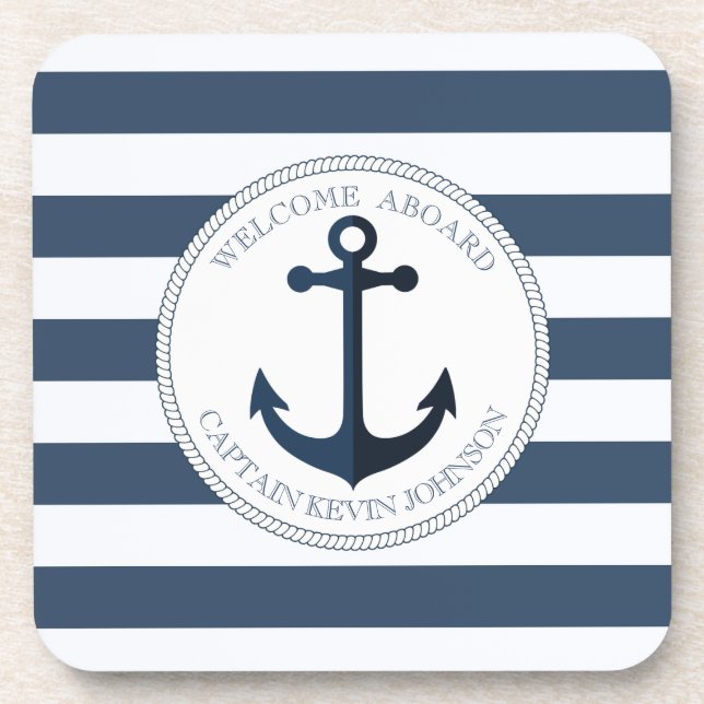 Blue and white striped with anchor personalised coaster (Front)