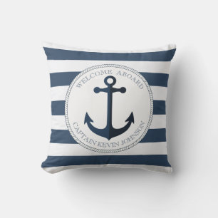 Blue and white striped with anchor personalised cushion