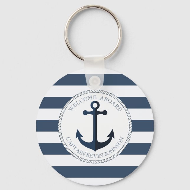 Blue and white striped with anchor personalised key ring (Front)