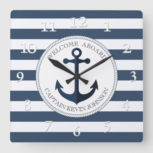 Blue and white striped with anchor personalised la square wall clock (Front)