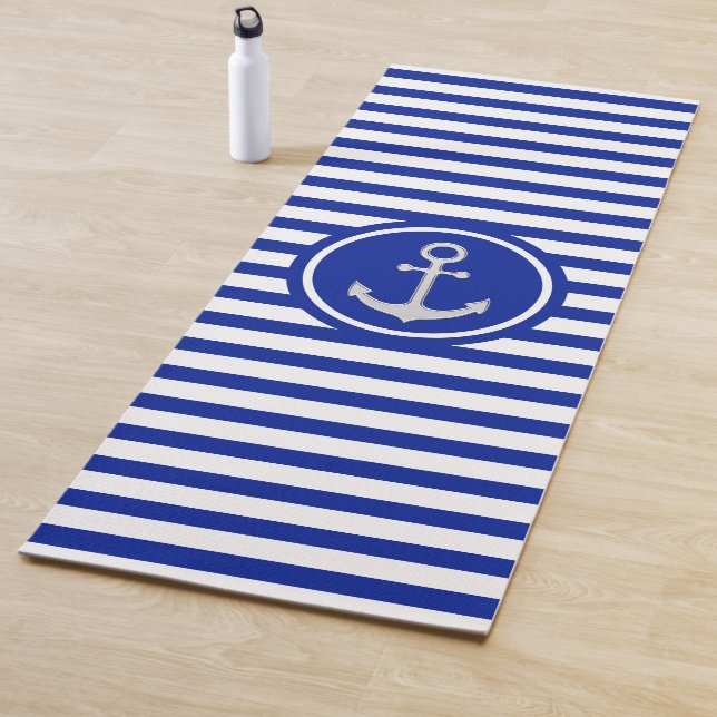 Blue and White Stripes and Silver Grey Anchor Yoga Mat (In Situ)