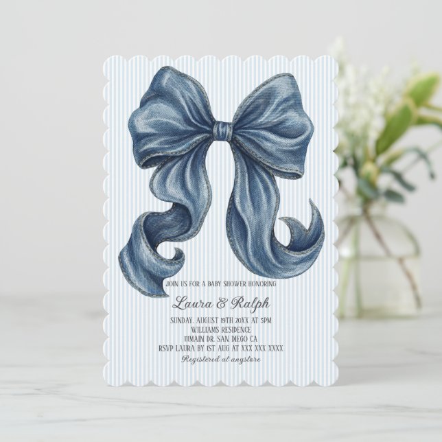 Blue and White Stripes Baby Shower Invitation (Standing Front)