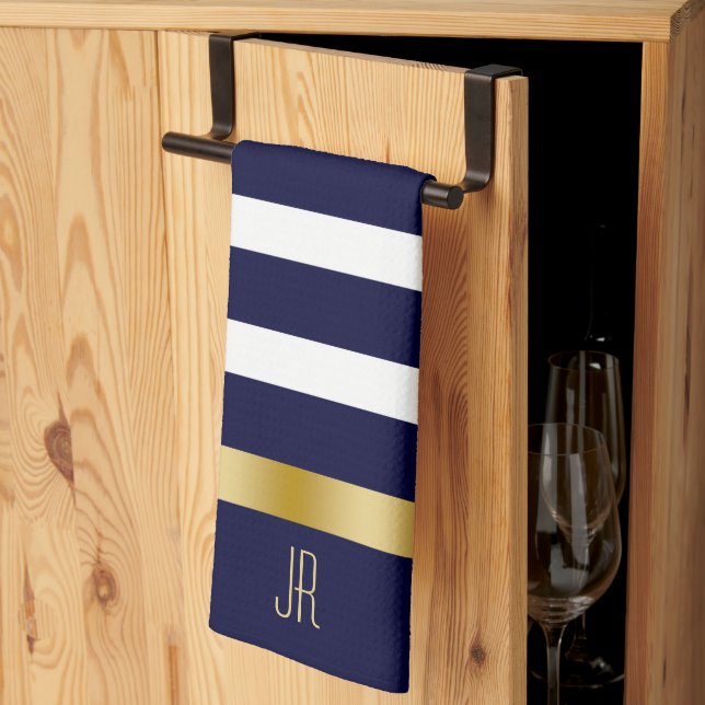 Blue and white stripes pattern gold accents tea towel (Thirds Fold)