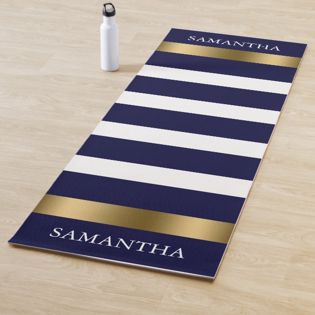 Blue and white stripes pattern gold accents yoga mat (In Situ)