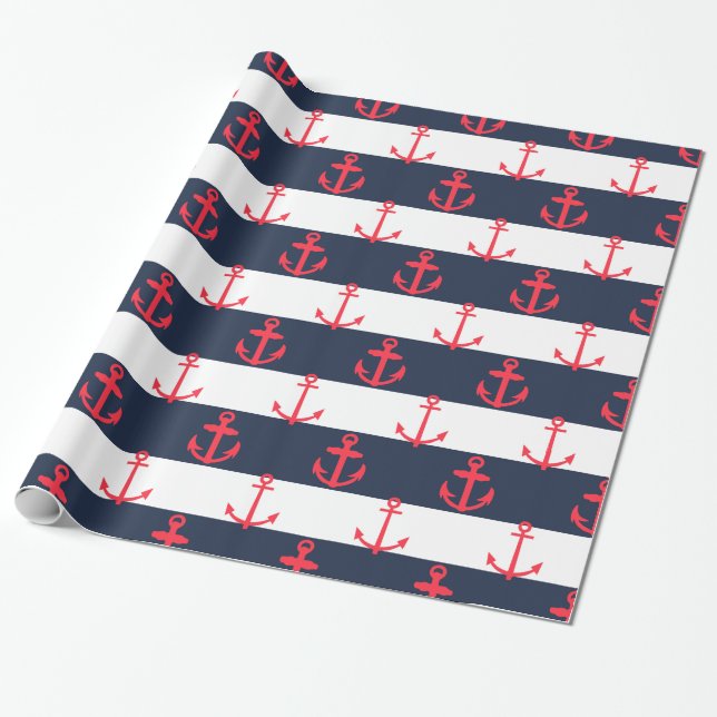 Blue and White Stripes, Red Anchors Pattern Wrapping Paper (Unrolled)