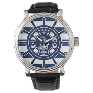 Blue and White Stripes, Ship's Wheel Anchor Symbol Watch