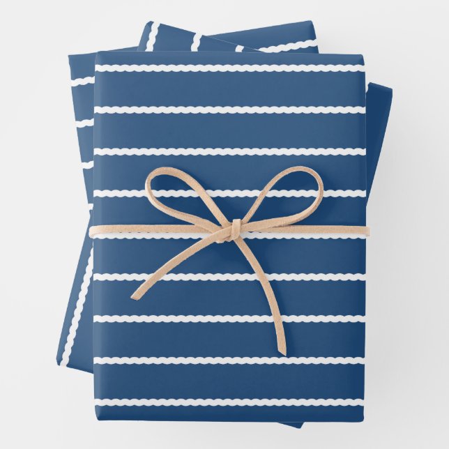 Blue and white stripes squiggly lines holiday wrapping paper sheet (In situ)