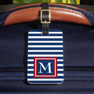 Blue and White Stripes With Red Monogram Luggage Tag
