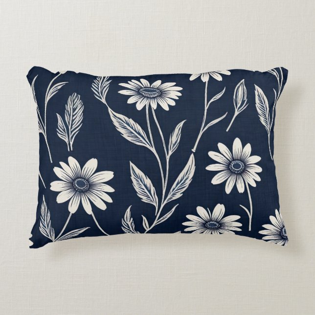 blue and white summer floral - Block print-style Decorative Cushion (Front)