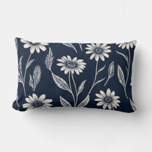 blue and white summer floral - Block print-style Lumbar Cushion