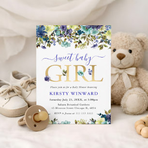 Blue and White Summer Flowers Baby Shower Invitation