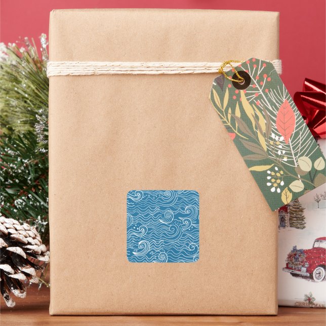 Blue and White Summer Ocean Waves  Square Sticker (Holiday)