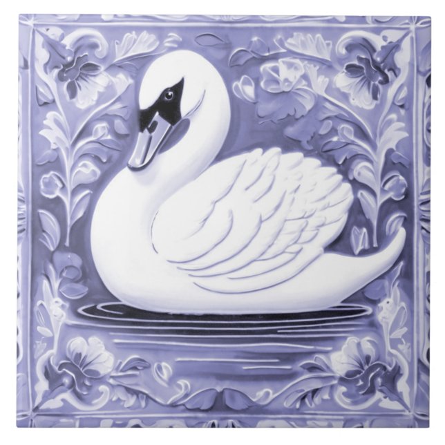Blue and White Swan European Folk Animal Bird Art Tile (Front)