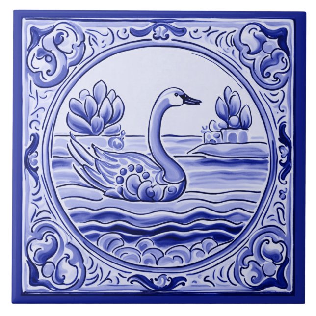 Blue and White Swan Goose Mediterranean Folk Art Tile (Front)