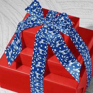 Blue and White Swedish Dala Horse Holiday Satin Ribbon