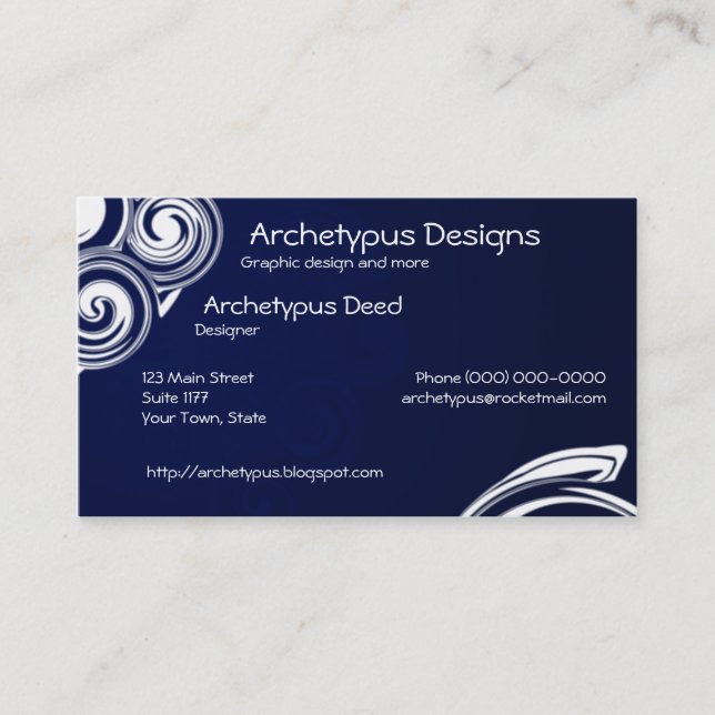 Blue and White Swirls Business Card (Front)