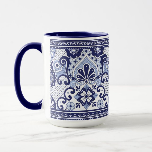 Blue and White Talavera Mexican Folk Art  Mug (Left)