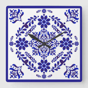 Blue and White Talavera Three Square Square Wall Clock