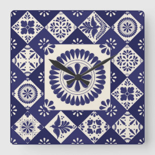Blue and White Talavera Tile Square Wall Clock