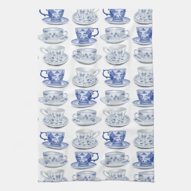 Blue and white tea cup towel (Vertical)