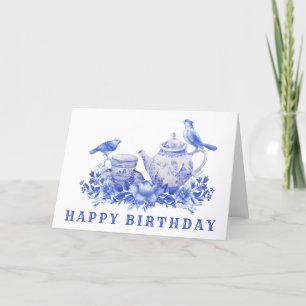 Blue and White Tea Pot with Birds   Birthday Thank You Card