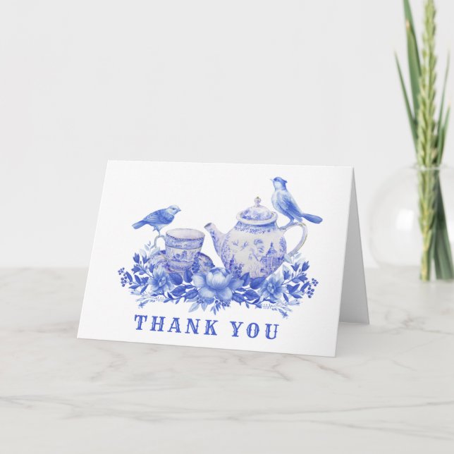 Blue and White Tea Pot with Birds | Thank You Card (Front)