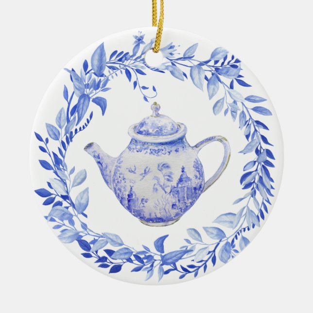 Blue and White Tea Pot with Wreath Ceramic Tree Decoration (Front)