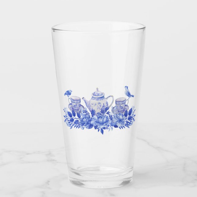 Blue and White Tea Set with Birds Glass (Front)