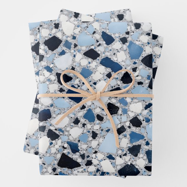 Blue and White Terrazzo Mosaic Pattern  Wrapping Paper Sheet (In situ)
