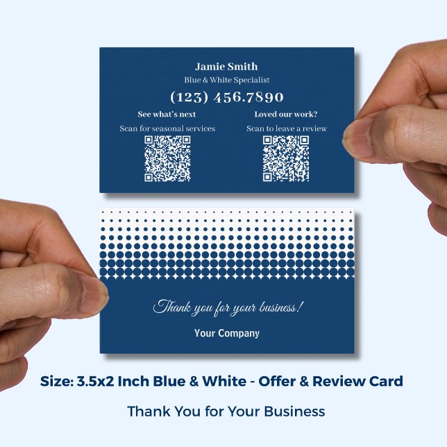 Blue and White - Thank You with Review Prompt Business Card (Blue and White - Thank You with Review Prompt Business Card; Size 3.5x2 Inch (US) )