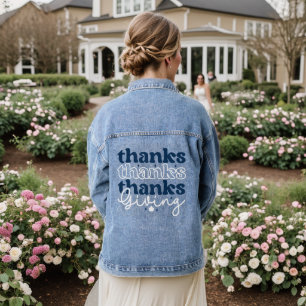Blue and White Thanks Giving Typography Denim Jacket