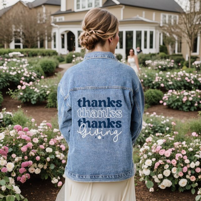 Blue and White Thanks Giving Typography Denim Jacket (Wedding Back)