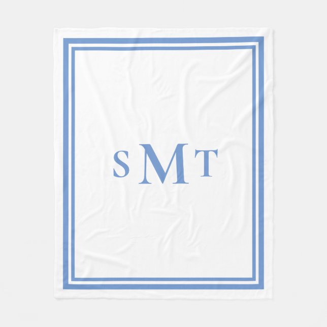Blue and White Three Letter Monogram Fleece Blanket (Front)