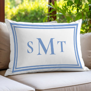 Blue and White Three Letter Monogram Lumbar Cushion