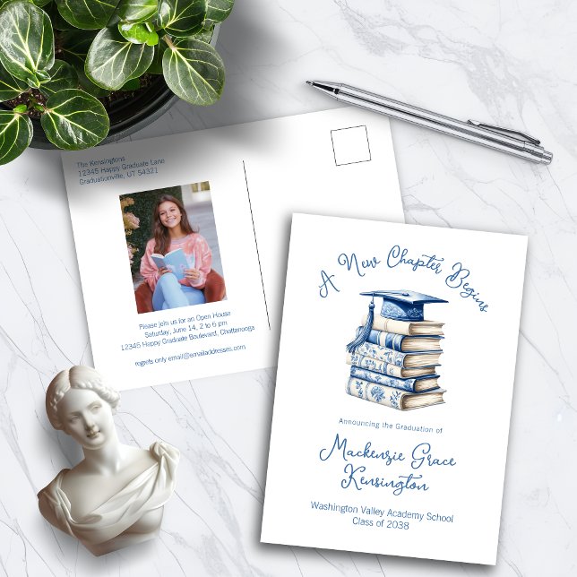 Blue and White Toile Books New Chapter Graduation Announcement Postcard (Blue and White Toile Books New Chapter Graduation Announcement Postcards)