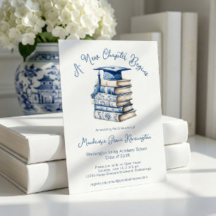 Blue and White Toile Books New Chapter Graduation Invitation