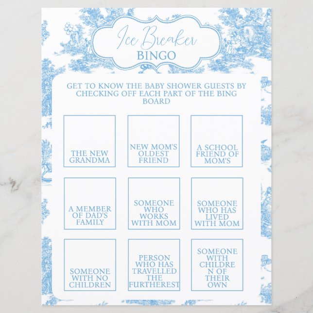 Blue and White Toile de Jouy Baby Shower Bingo (Front)
