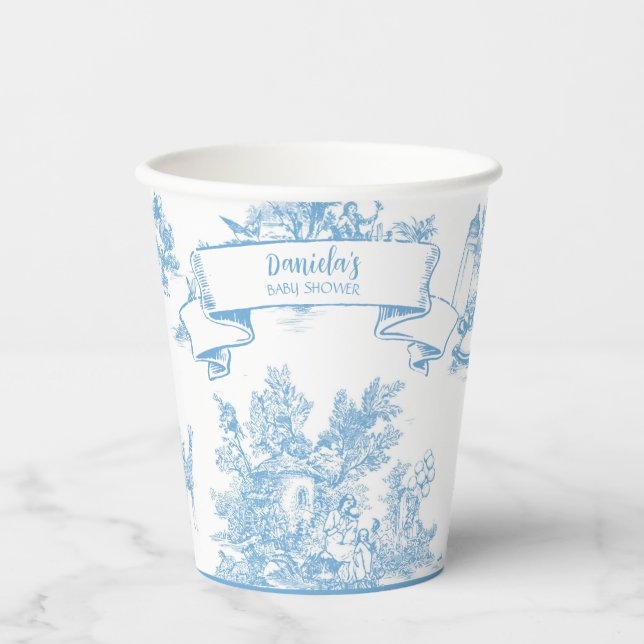 Blue and White Toile de Jouy Baby Shower Paper Cups (Front)