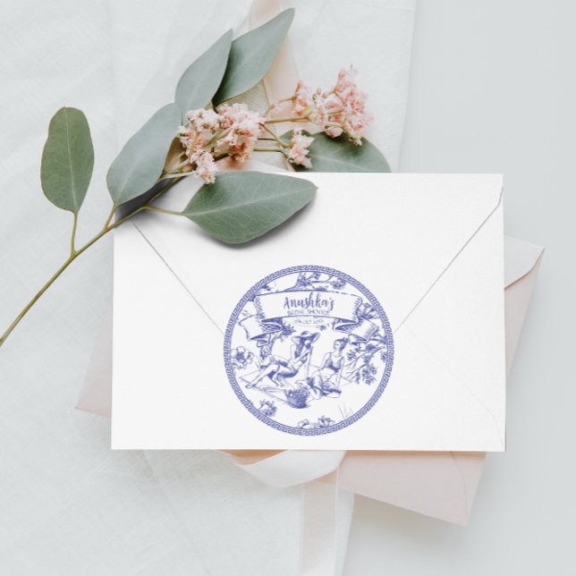 Blue and White Toile de Jouy Bridal Shower Classic Round Sticker (Creator Uploaded)