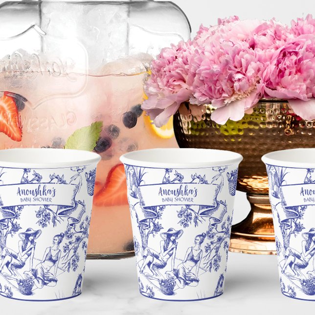 Blue and White Toile de Jouy Bridal Shower Paper Cups (Creator Uploaded)