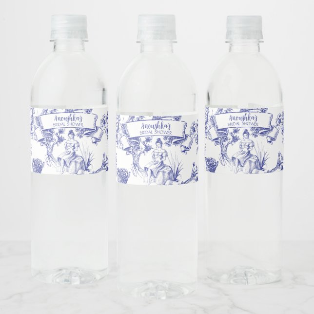 Blue and White Toile de Jouy Bridal Shower Water Bottle Label (Bottles)