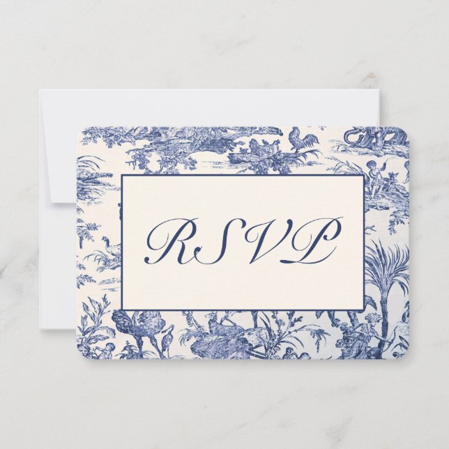 Blue and White Toile RSVP Card (Front)