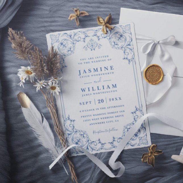 Blue and White Traditional Elegant QR Code Wedding Invitation (Creator Uploaded)