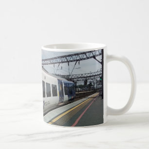 Blue and white train coffee mug