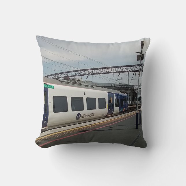 Blue and white train cushion (Front)